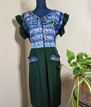 L to XL  Green and Blue Huipil Dress