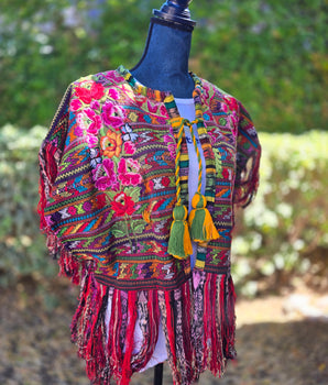 Upcycled Huipil with Colorful Embroidery & Fringes