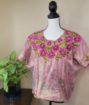 VINTAGE Pink Hand Embroidered Top, XL to 3X