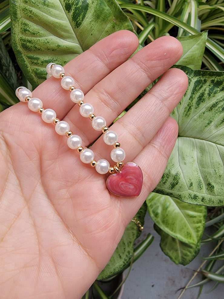 Pearl Necklace with Red Heart