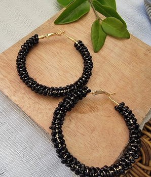 Black Beaded Hoops Earrings