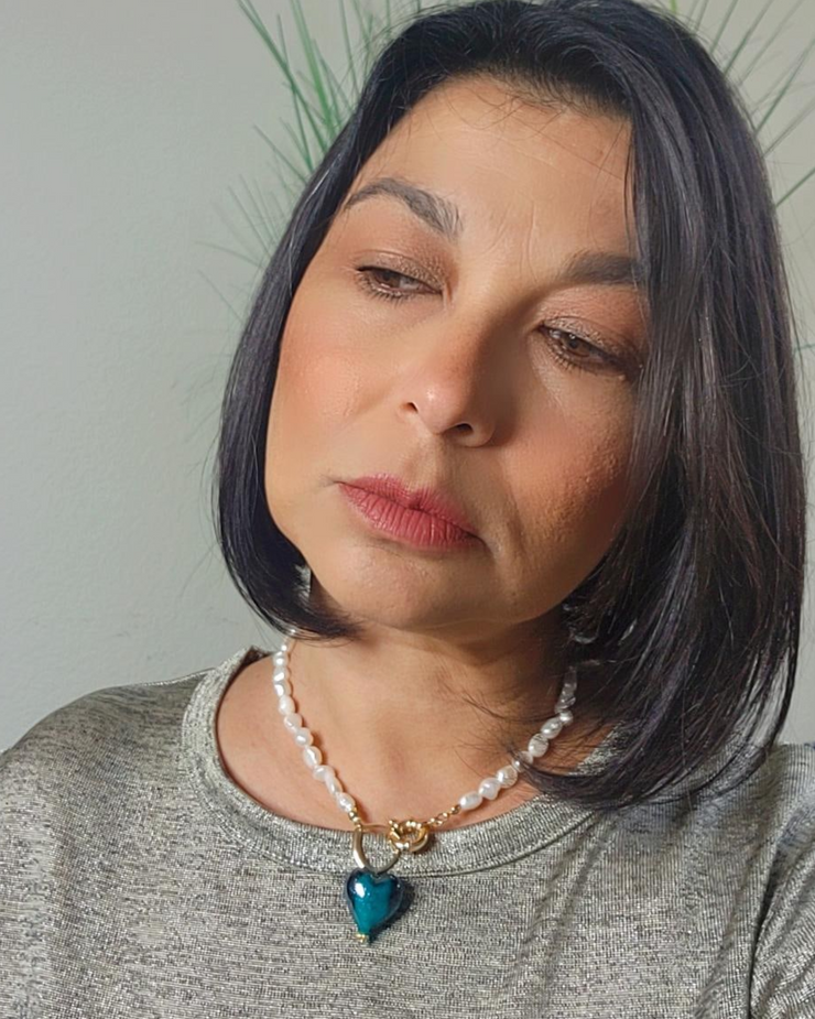 Pearl Necklace with Green Heart