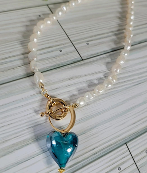 Pearl Necklace with Green Heart