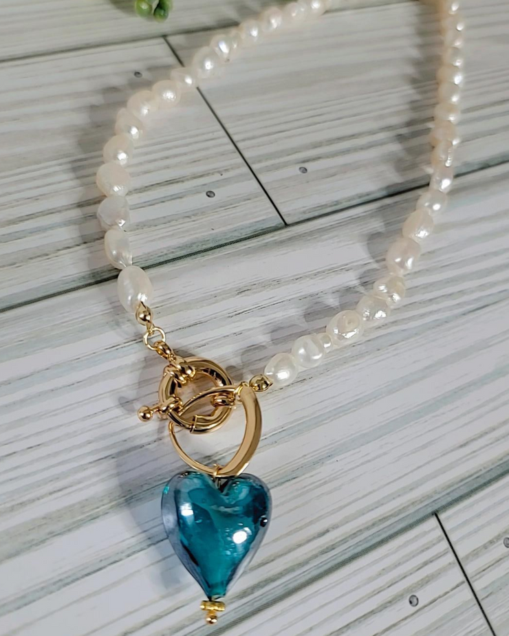 Pearl Necklace with Green Heart